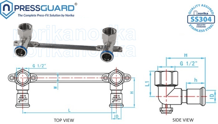 Stainless Steel 304 Press Fit Double Elbow Wall Mounted Plate